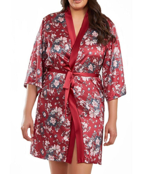 Jenna Plus Size Contrast Satin Floral Robe with Self Tie Sash, 1 Piece