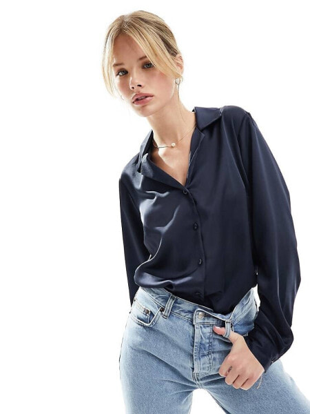 ASOS DESIGN relaxed satin shirt in dark navy