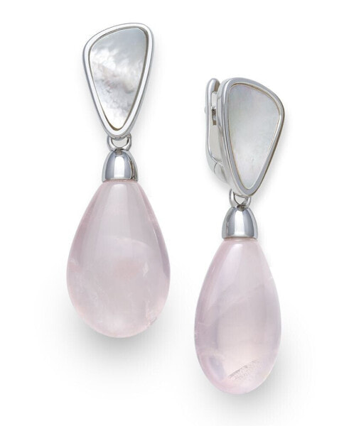 Mother of Pearl and Rose Quartz 21x25mm Drop Earrings in Sterling Silver