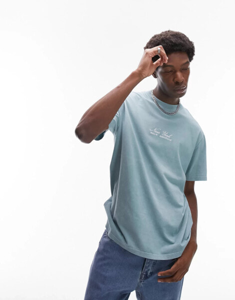 Topman oversized fit t-shirt with New York script embroidery in washed blue