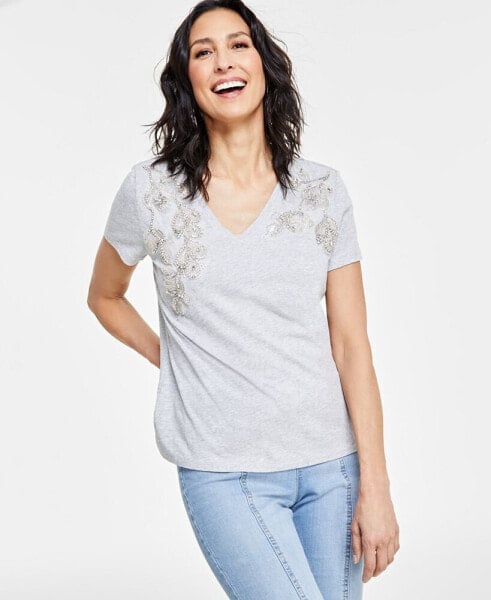 Women's Embellished V-Neck Short-Sleeve Top, Created for Macy's