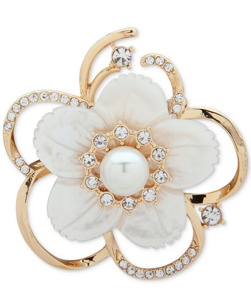 Gold-Tone Imitation Pearl, Mother-of-Pearl & Crystal Flower Pin, Created for Macy's
