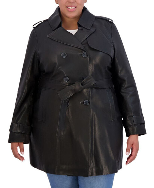 Womens Plus Size Natalie Belted Leather Trench Coat