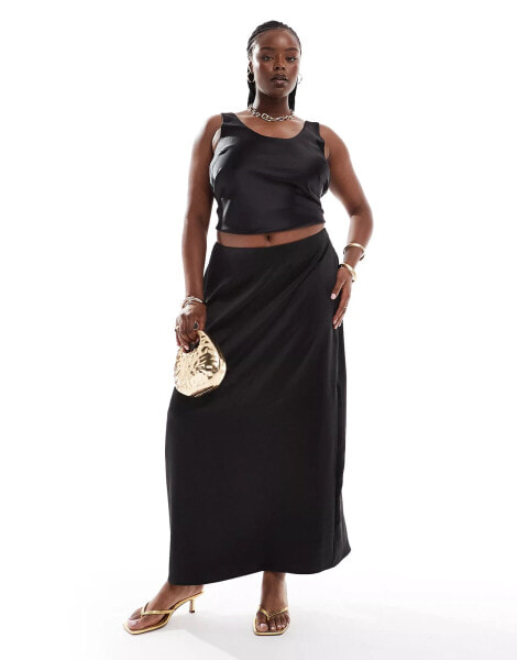 4th & Reckless Plus exclusive satin back split maxi skirt in black