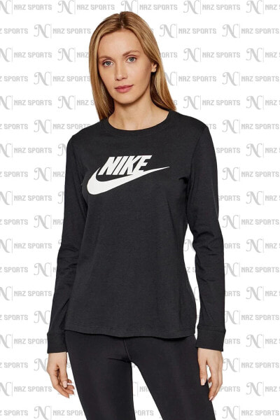 Sportswear Clup Swoosh Uzun Kollu Standart Kesim Siyah Kadın Spor Tişört