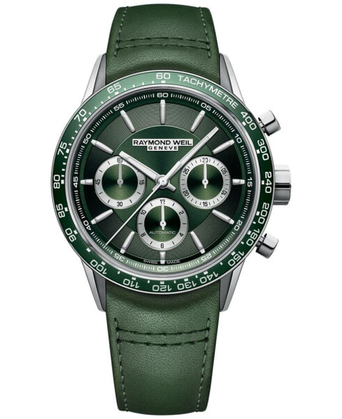 Men's Swiss Automatic Chronograph Freelancer Green Leather Strap Watch 43.5mm