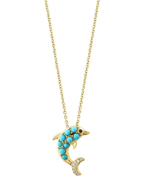 EFFY® Turquoise & Diamond (1/20 ct. t.w.) Dolphin 18" Pendant Necklace in 14k Gold