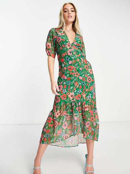 Hope & Ivy drop hem midi tea dress in green floral