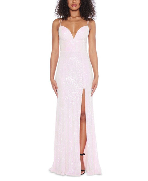 Juniors' Sequined Open-Back Gown