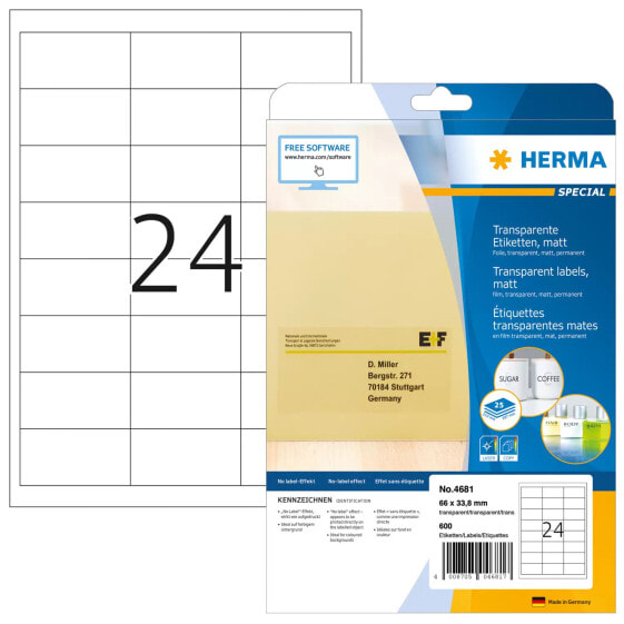 HERMA Labels transparent matt A4 66x33.8 mm film 600 pcs. - Transparent - Self-adhesive printer label - A4 - Laser - Permanent - Matte
