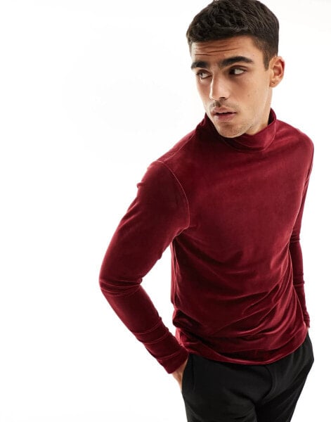 ASOS DESIGN muscle fit long sleeve t-shirt with turtle neck in burgundy velour