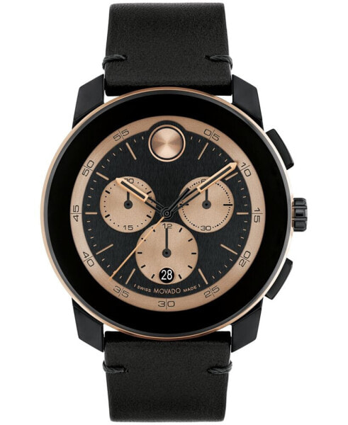 Men's Bold Tr90 Swiss Quartz Chrono Black Leather Watch 44mm