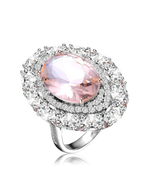 Sterling Silver with White Gold Plated Morganite Oval with Clear Round Cubic Zirconia Halo Ring