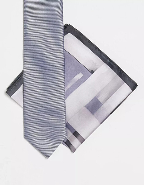 Noak slim tie and pocket square in grey abstract print