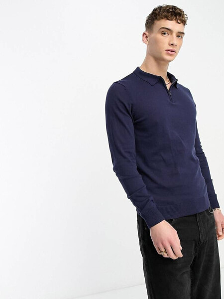 Threadbare cotton 1/4 zip long sleeve knitted polo in navy