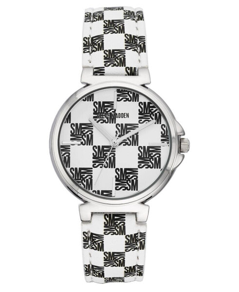 Women's Dual Colored Black and White Polyurethane Leather Strap with Steve Madden Logo in Checkered Pattern and Stitching Watch, 36mm