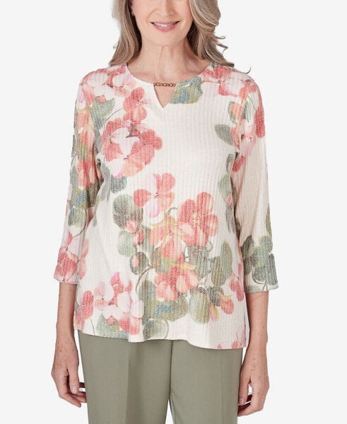 Women's Tuscan Sunset Keyhole Neck Floral Textured Top