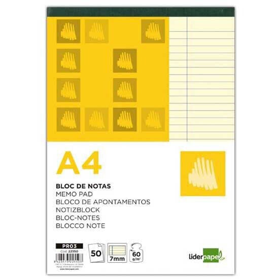 LIDERPAPEL Horizontal notepad A4 50 yellow sheets 60g/m2 glued