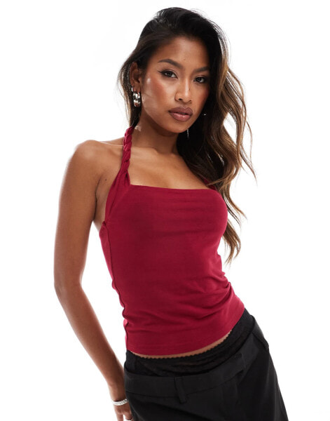 ASOS DESIGN twist halter top in burgundy