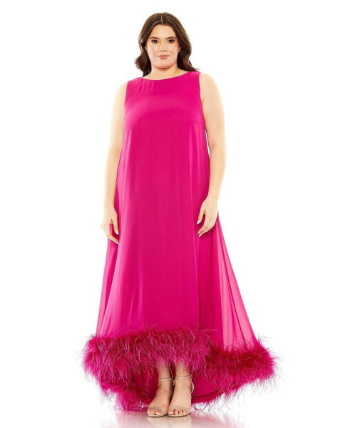Plus Size High Neck Feather Hem Gown