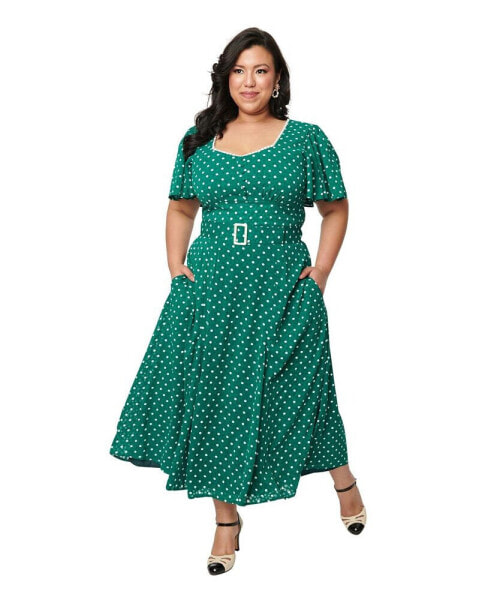 Plus Size Short Flutter Sleeve Sweetheart Neck Godet Midi Dress