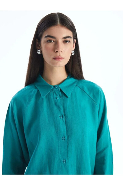 LCW Modest Düz Uzun Kollu Oversize Keten Kadın Gömlek Tunik