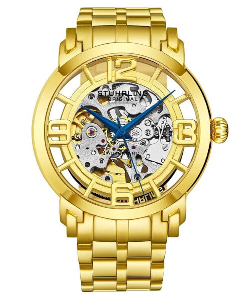 Stainless Steel Gold Tone Case on Stainless Steel Link Bracelet, Gold Tone Dial, with Blue Accents