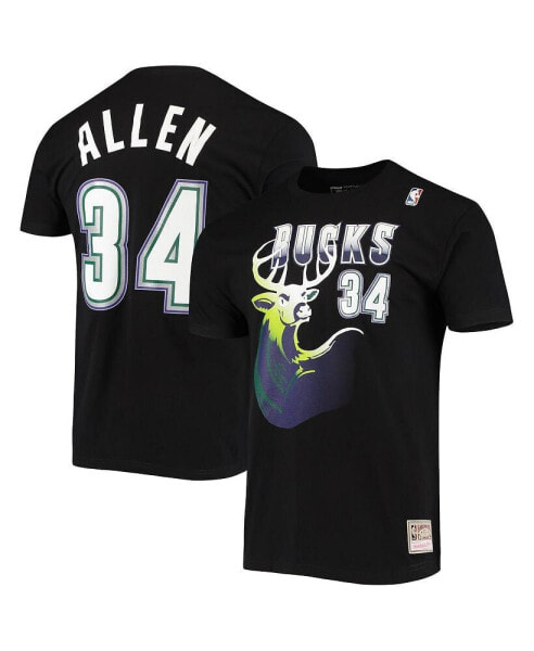 Men's Ray Allen Black Milwaukee Bucks Hardwood Classics Stitch Name and Number T-shirt