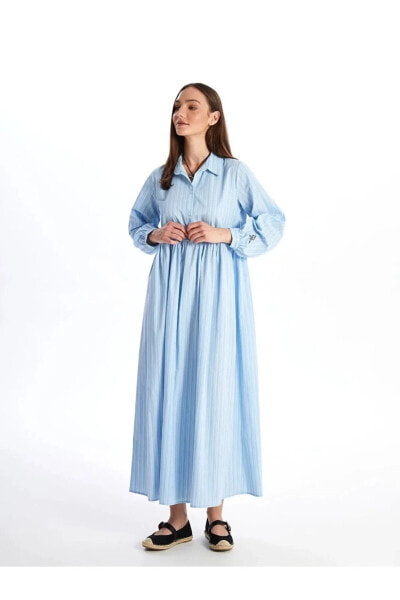LCW Modest Gömlek Yaka Çizgili Uzun Kollu Kadın Elbise