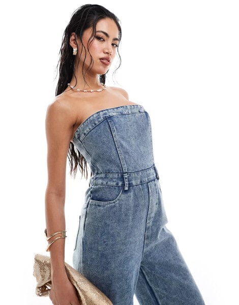 Missyempire bandeau denim jumpsuit in bleach wash