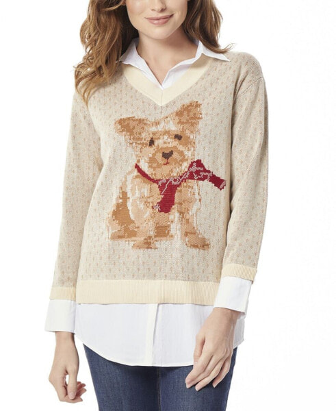 Women's Dog Scarf Layered-Look V-Neck Sweater