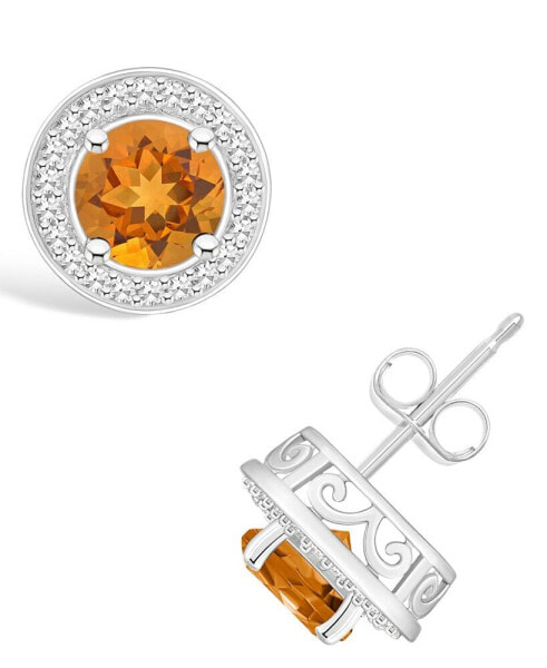 Citrine (1-1/2 ct. t.w.) and Diamond (1/5 ct. t.w.) Halo Studs in Sterling Silver