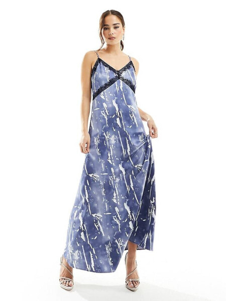 Vero Moda satin maxi slip dress with lace trim in blue crinkle print