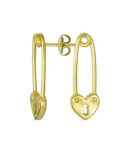 Inspirational Symbol Paper Clip Love Lock Drop Sweet Heart Safety Pin Earrings Stud For Women Teen 14K Yellow Gold Plated .925 Sterling Silver