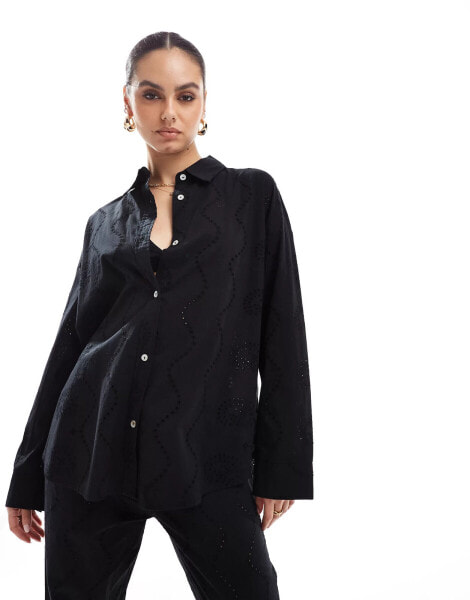 Pull&Bear oversized broderie detail shirt co-ord in black