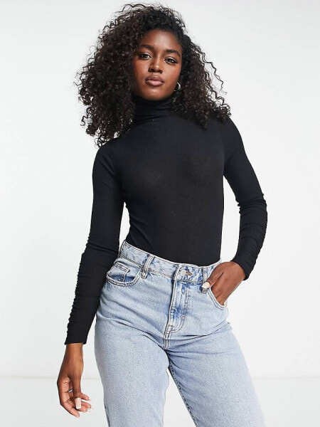 Miss Selfridge textured mesh roll neck bodysuit in black