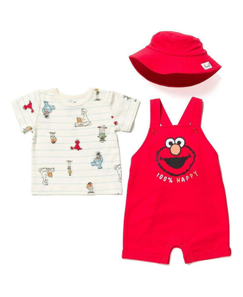 Toddler Boys Elmo French Terry Short Overalls T-Shirt and Hat 3 Piece Outfit Set Newborn to