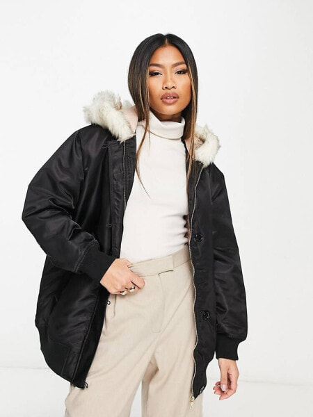 River Island bomber jacket with fur hood detail in black