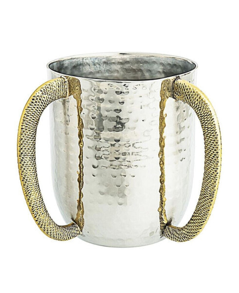 Clasic Touch Stainless Steel Hammered Wash Cup with Gold Embossed Handles