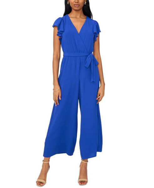 Women's Tie-Waist Wide-Leg Flutter-Sleeve Jumpsuit