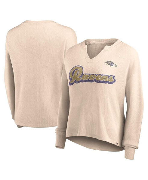 Women's Tan Distressed Baltimore Ravens Go For It Notch Neck Waffle Knit Long Sleeve T-shirt