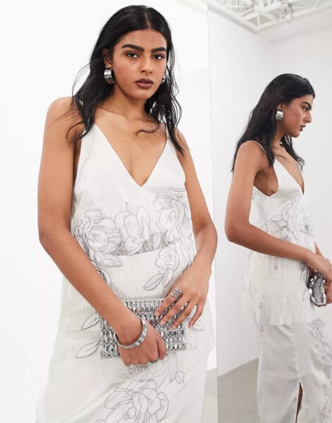 ASOS EDITION embroidered lace panelled longline cami top co-ord in silver