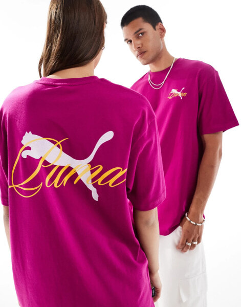 Puma Terrace back print t-shirt in purple and yellow