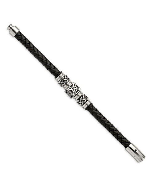 Stainless Steel Antiqued and Black Braided Leather Bracelet