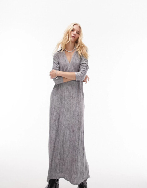 Topshop plisse collared midi column dress in grey