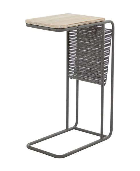 Metal Accent Table with Brown Wood Top and Storage, 20" x 12" x 25"
