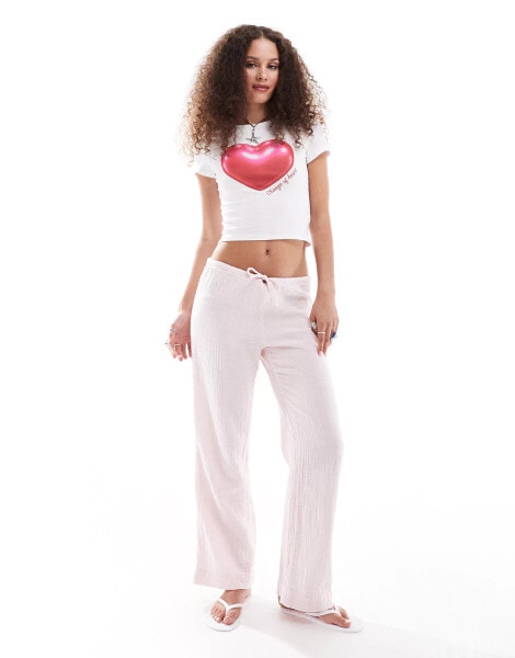 Monki wide leg pull on textured trousers in light pink