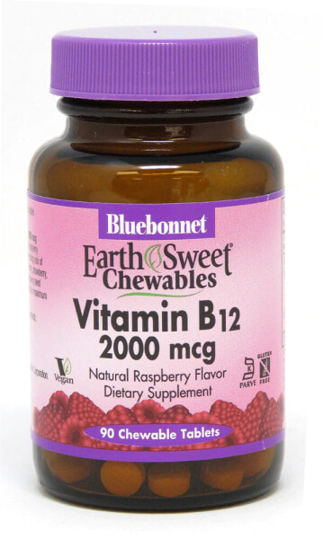 Bluebonnet Nutrition EarthSweet Chewables Vitamin B12 Natural Raspberry --  Витамин В12 со вкусом малины - 2000 мкг - 90 Жевательных таблеток
