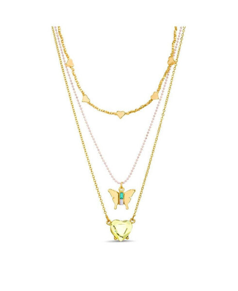 Gold-Tone 3 Piece Layered Necklace Set with Heart and Butterfly Charm Pendants