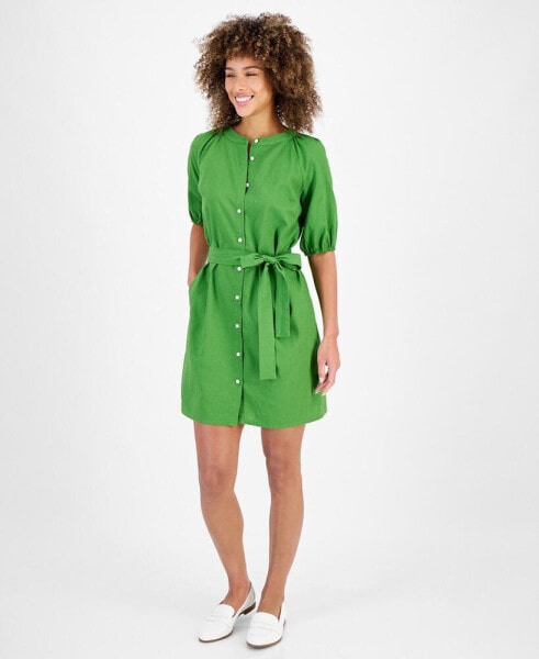 Women's Linen-Blend Puff-Sleeve Shirtdress